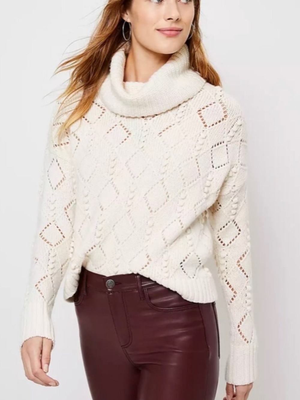LOFT Bobble Turtleneck Sweater Geometric Cream Sweater Size Small